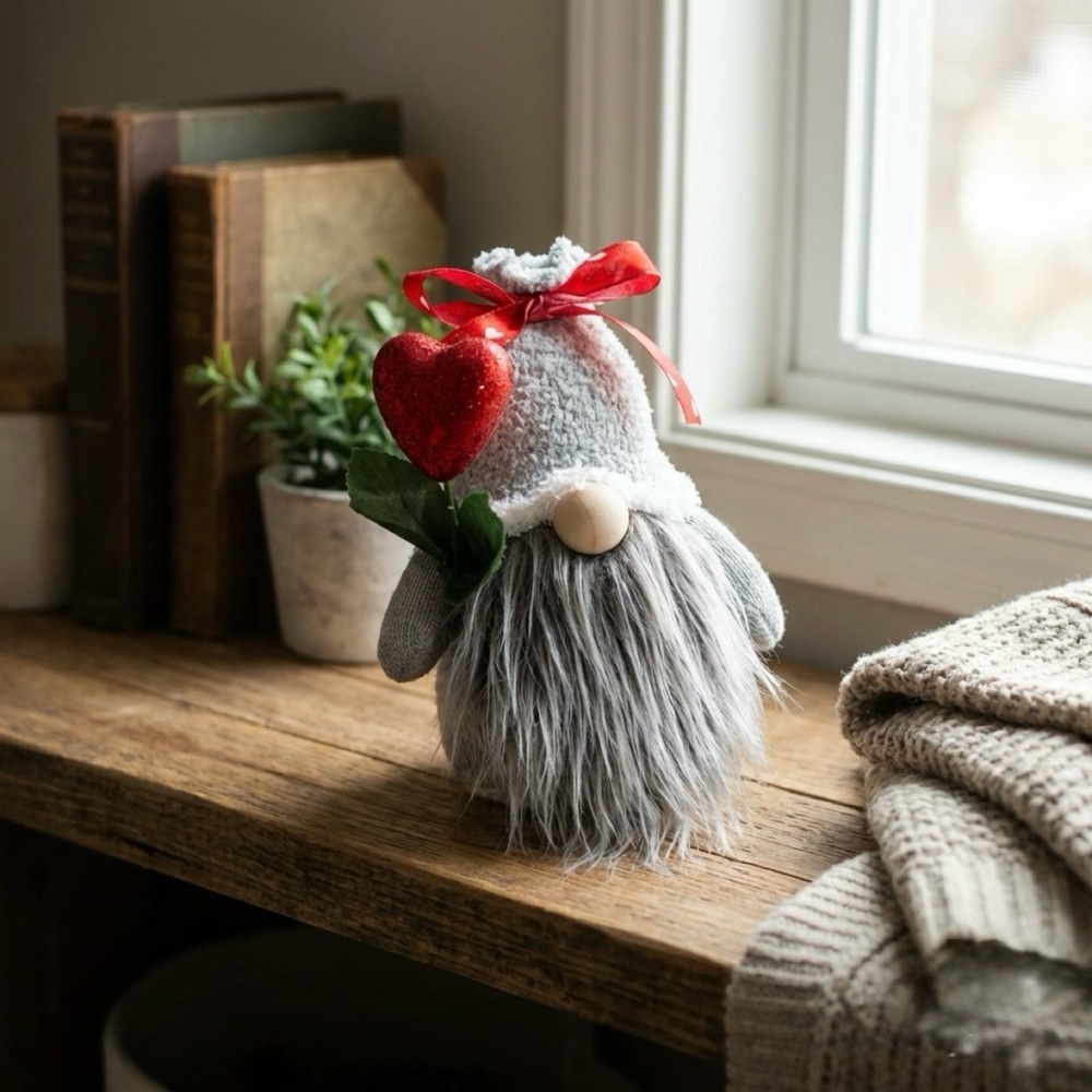 Handmade Valentine Gnome Decor w/ Glitter Heart + Red Bow | Cozy Grey Tomte